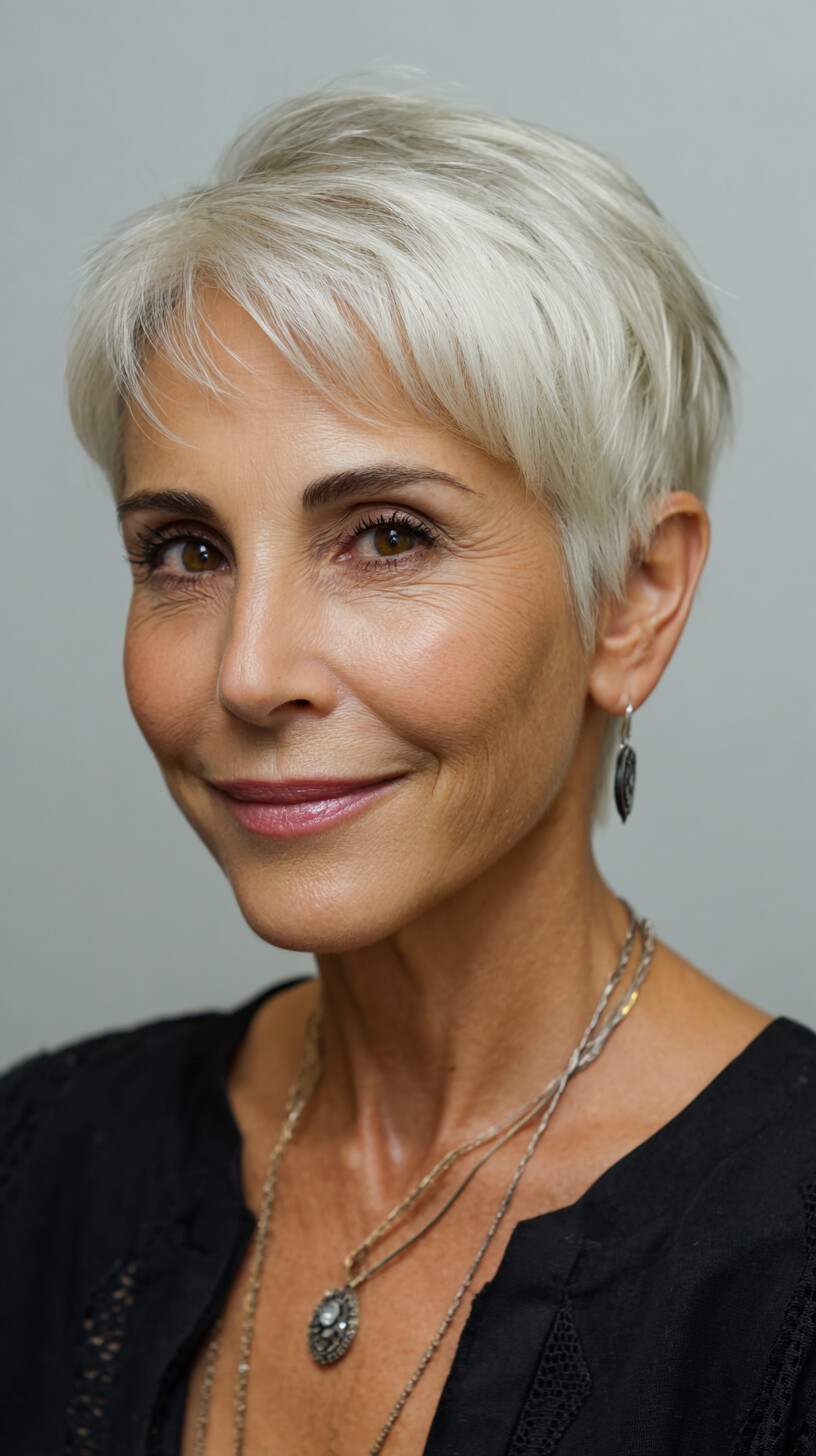 Cropped Platinum Pixie with Feathered Fringe and Rounded Nape