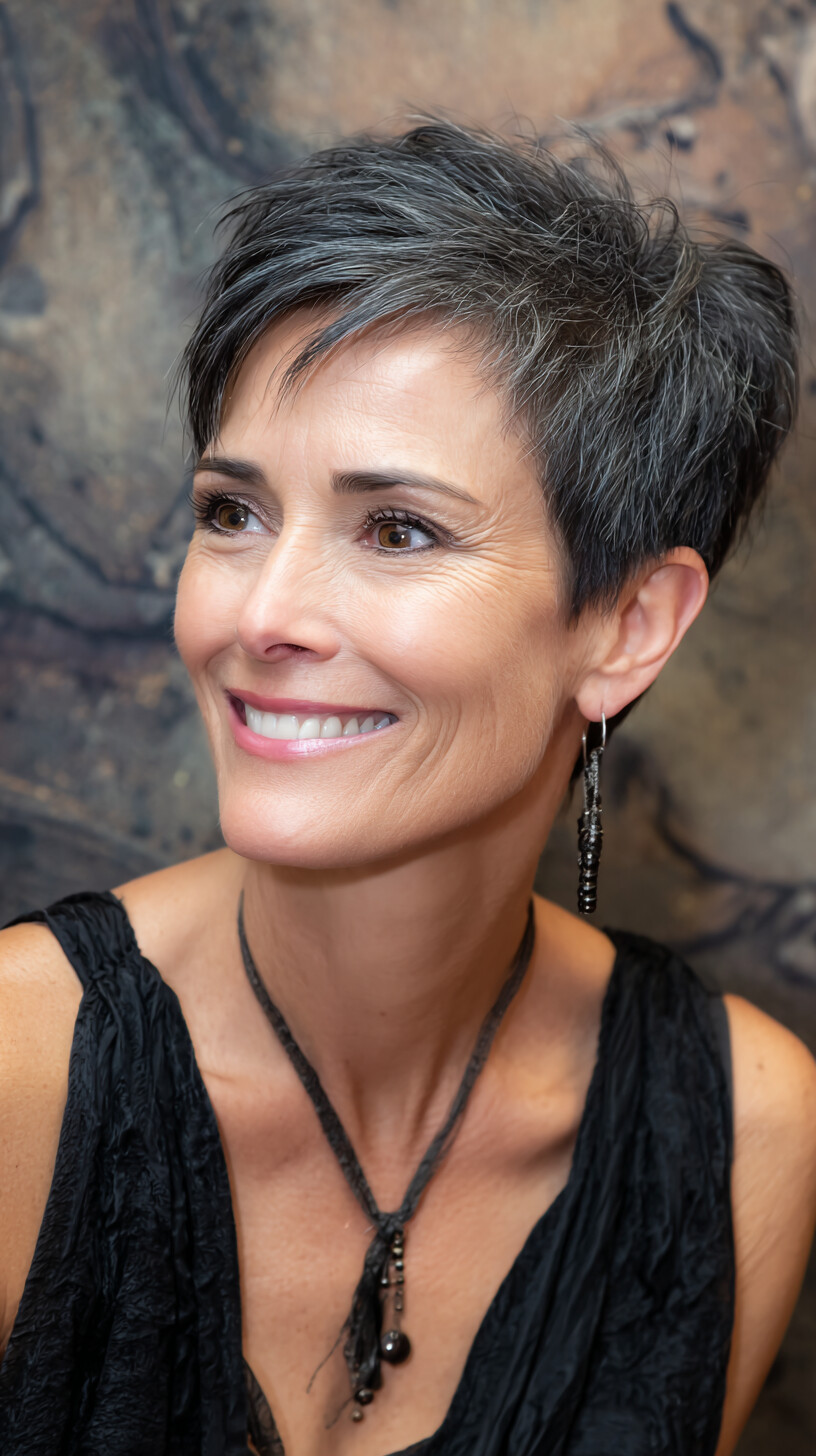 Cropped Salt-and-Pepper Pixie with Choppy Side Fringe and Crown Texture