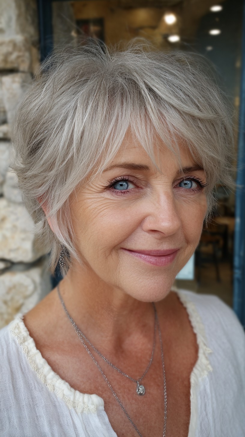 Cropped Silver Feathered Wolf Cut with Lifted Crown