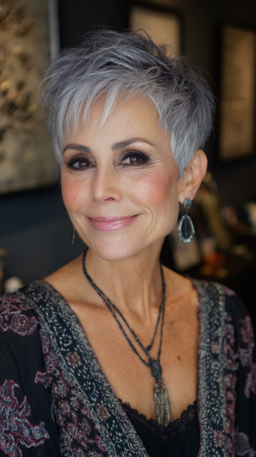 Feathered Short Silver Pixie with Crown Stack