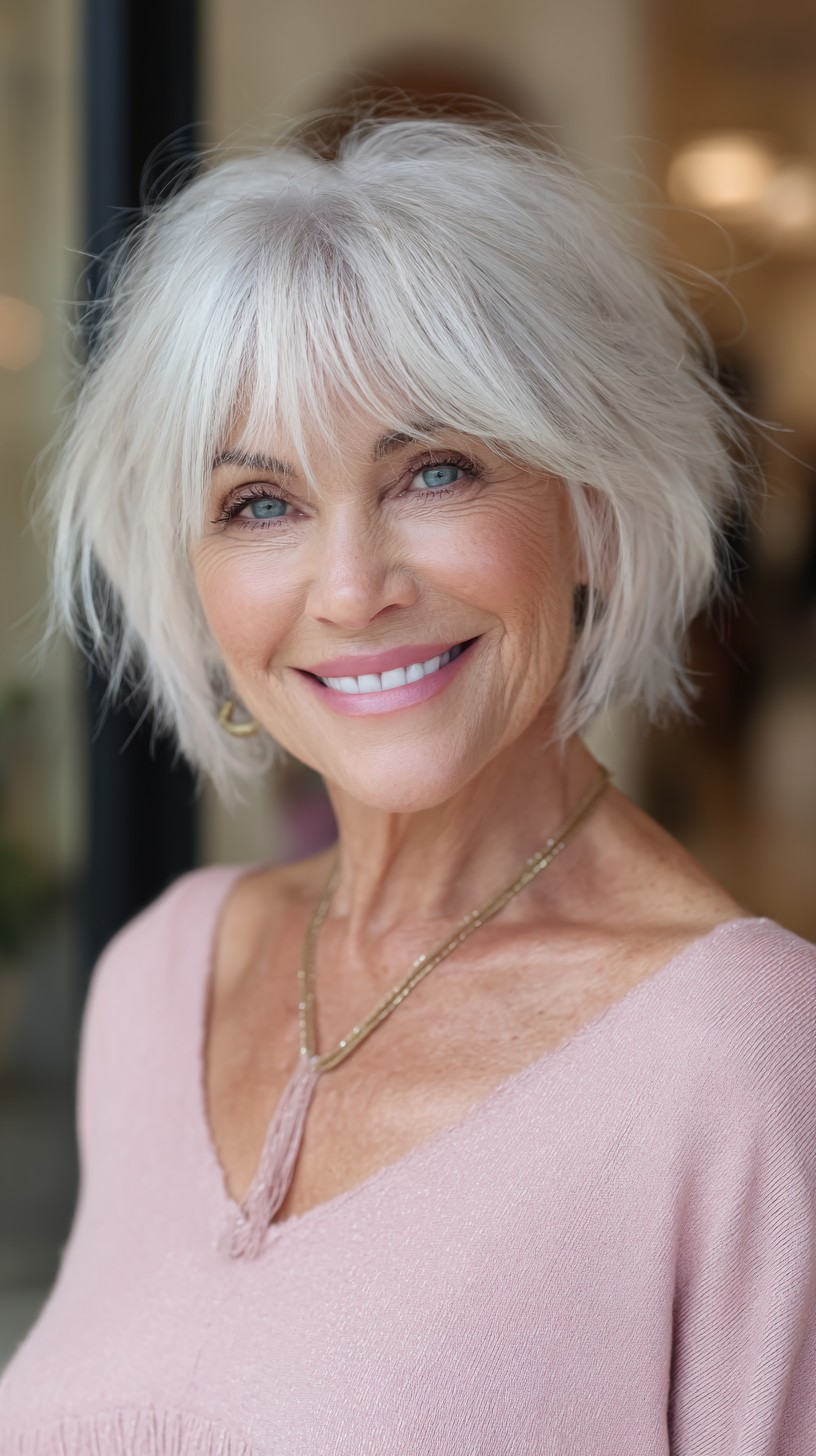 Icy Silver Layered Wolf Crop with Feathered Curtain Fringe