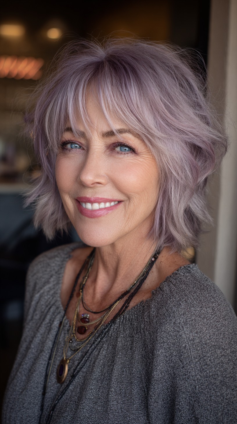 Pastel Lavender Layered Short Wolf Cut with Soft Curtain Fringe