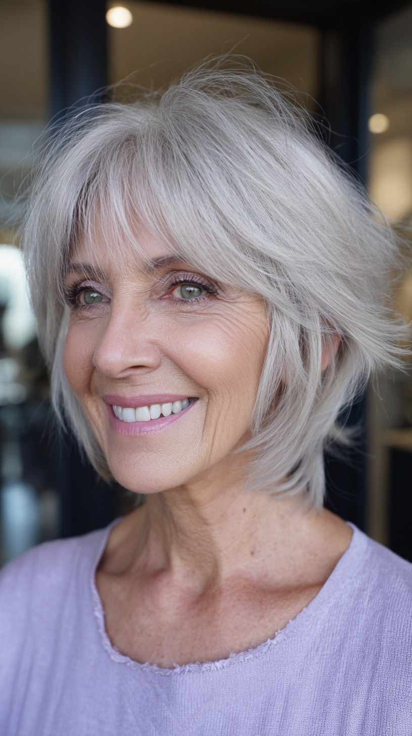 Pearl-Silver Layered Short Crop with Airy Side-Swept Micro-Bang