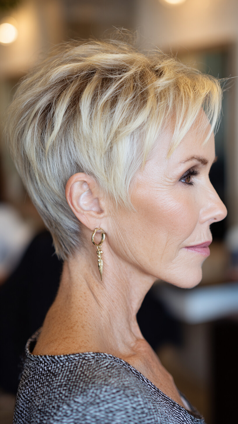 Piecey Short Blonde Pixie with Soft Crown Lift and Tapered Nape
