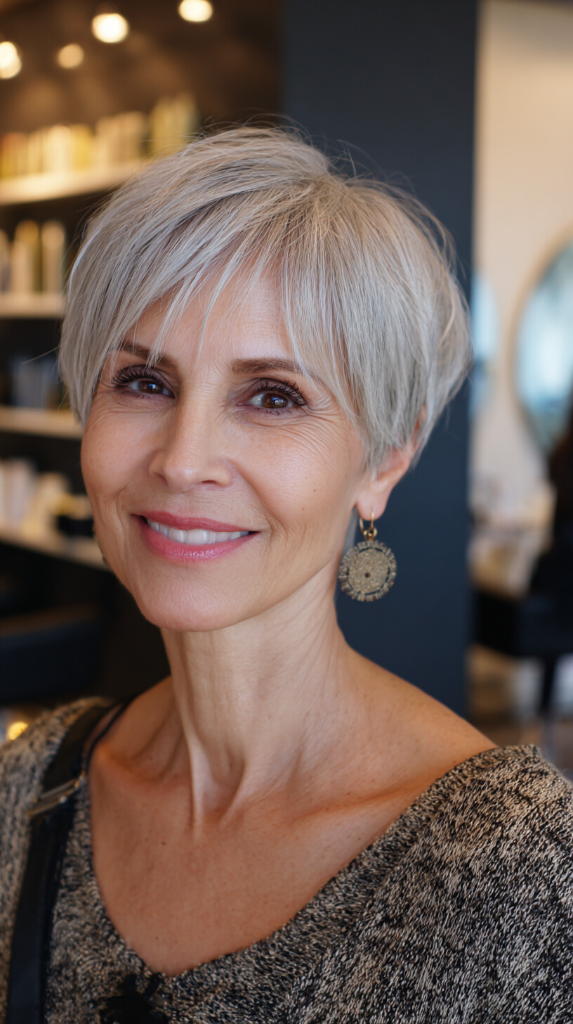 Short Shaggy Silver Pixie with Side-Swept Micro Fringe and Tapered Nape