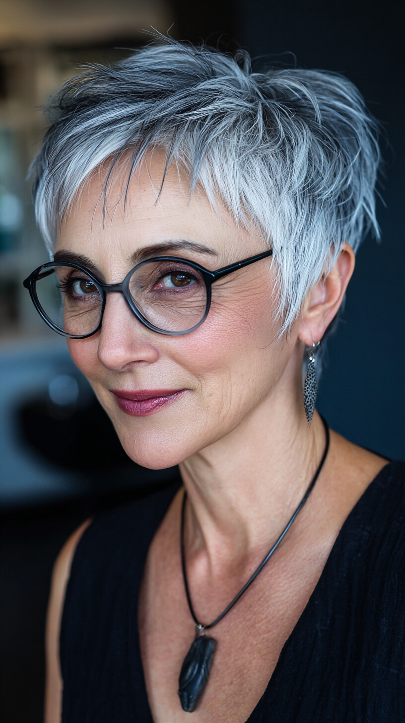 Short Silver Textured Pixie with Micro Fringe and Crown Lift