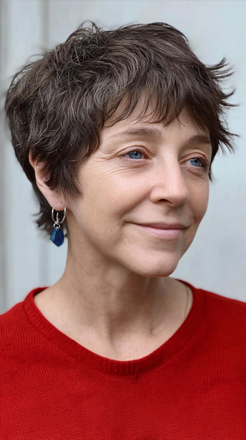 Short Textured Chestnut-and-Silver Crop with Feathered Micro-Bangs