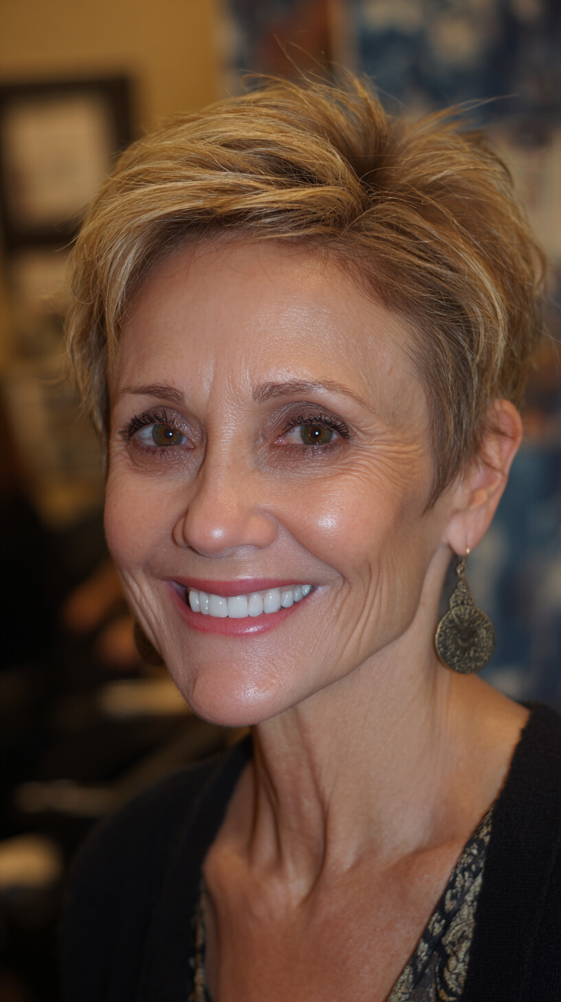Short Textured Warm-Blonde Pixie with Lifted Crown and Tapered Sides