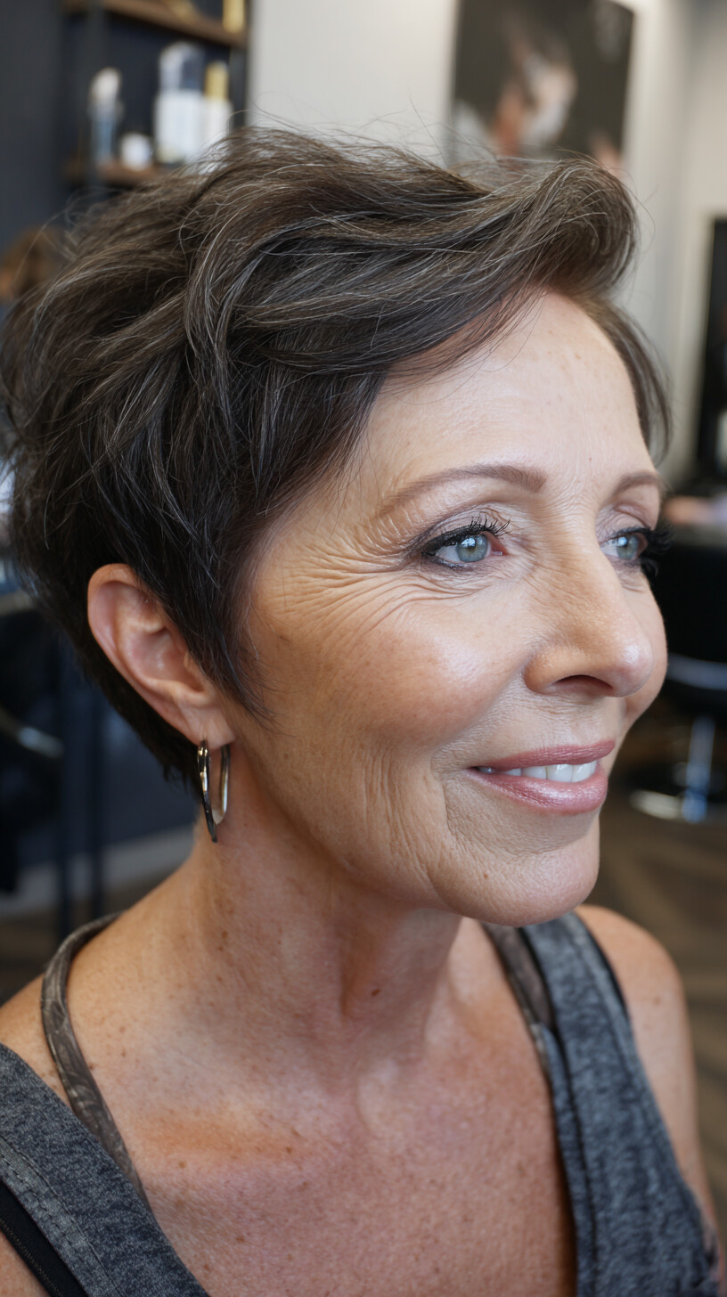 Smoky Chestnut Pixie with Silver Face-Framing Strands