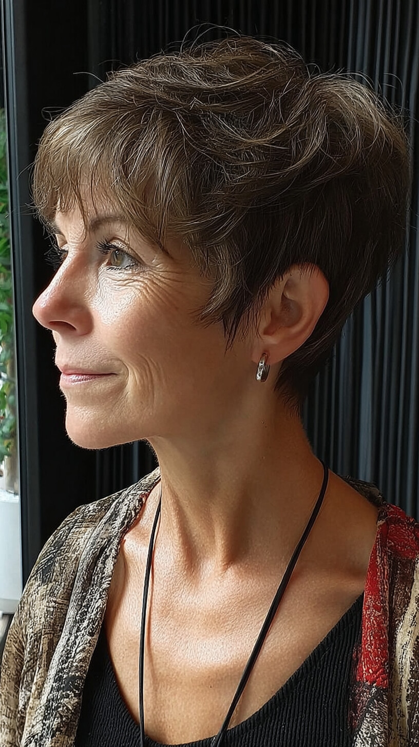Soft Brown Pixie with Textured Crown and Feathered Fringe