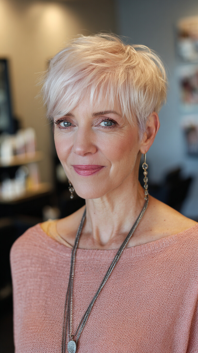 Soft Feathered Platinum Pixie with Side-Swept Micro Fringe
