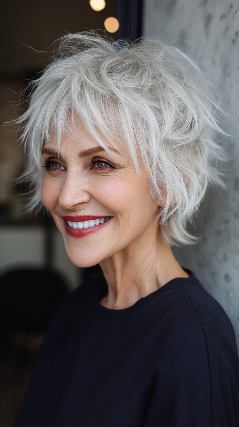 Soft Silver Choppy Wolf Cut with Wispy Fringe
