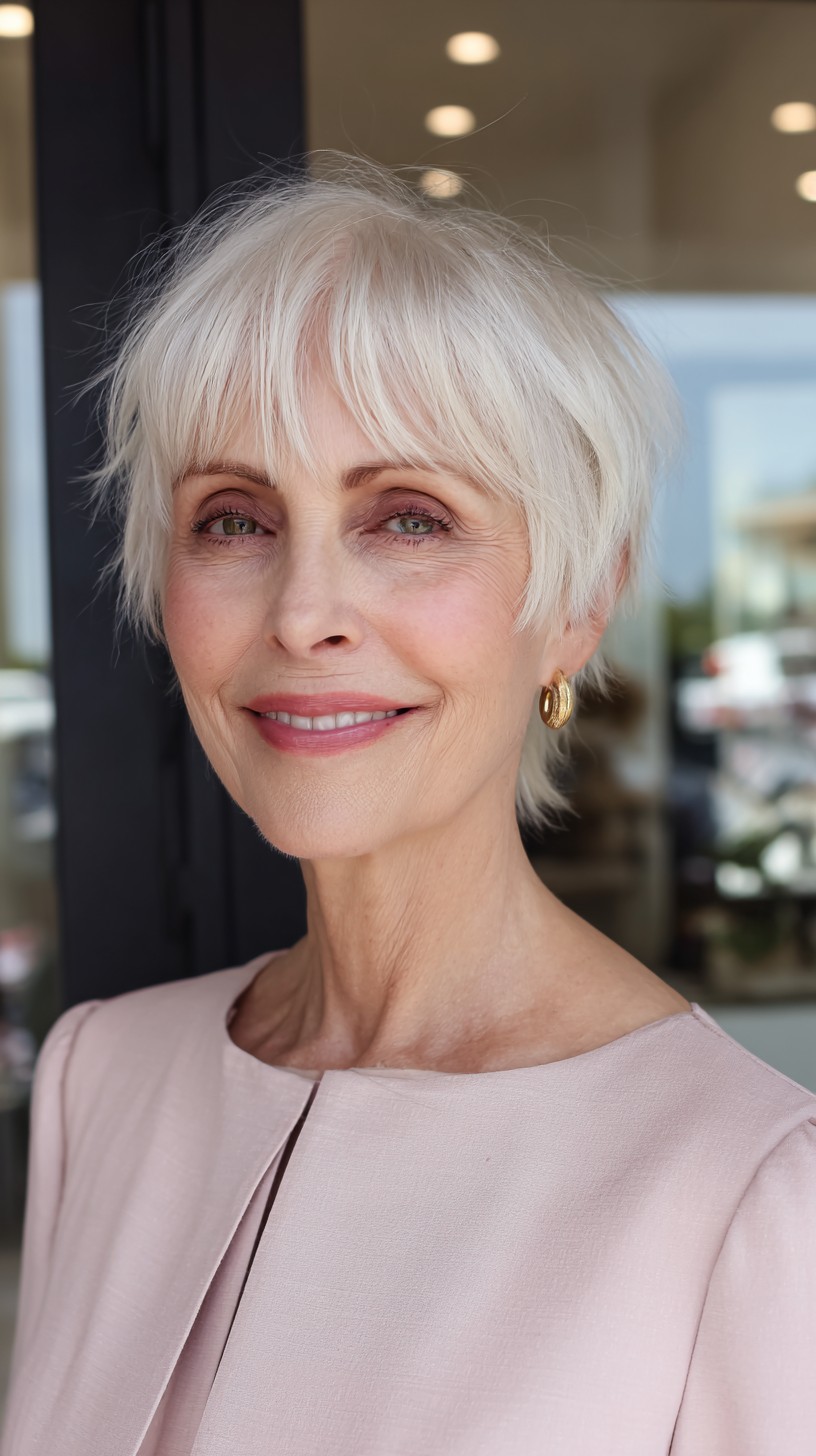 Soft Silver Feathered Pixie with Eyelash-Grazing Fringe