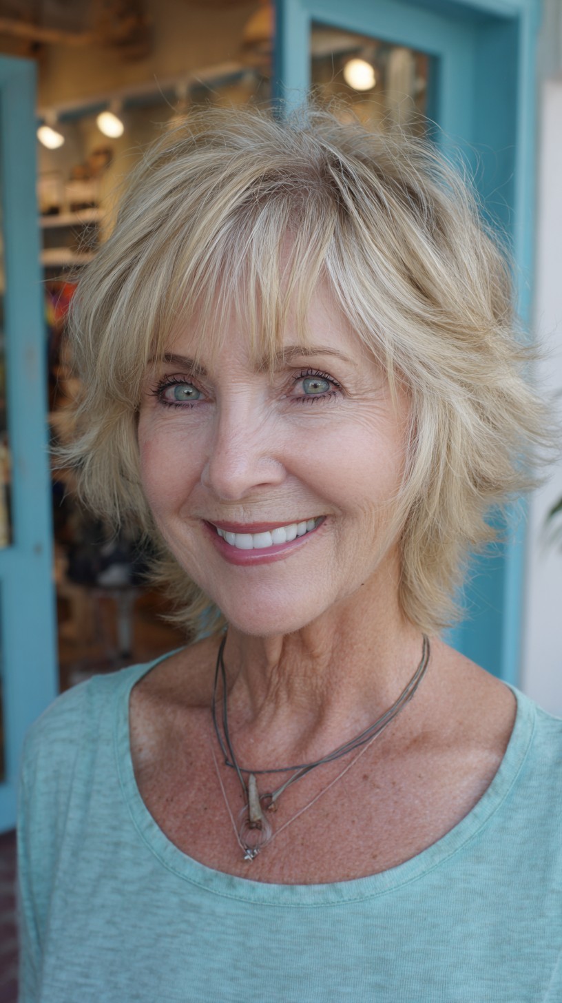 Sunlit Silver-Blonde Short Shag with Face-Framing Feathered Layers