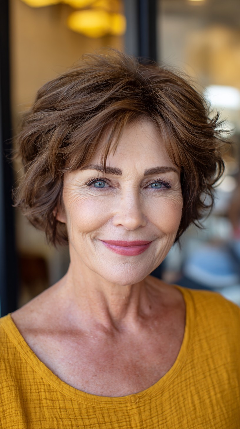 Textured Chestnut Short Shag with Soft Micro-Fringe