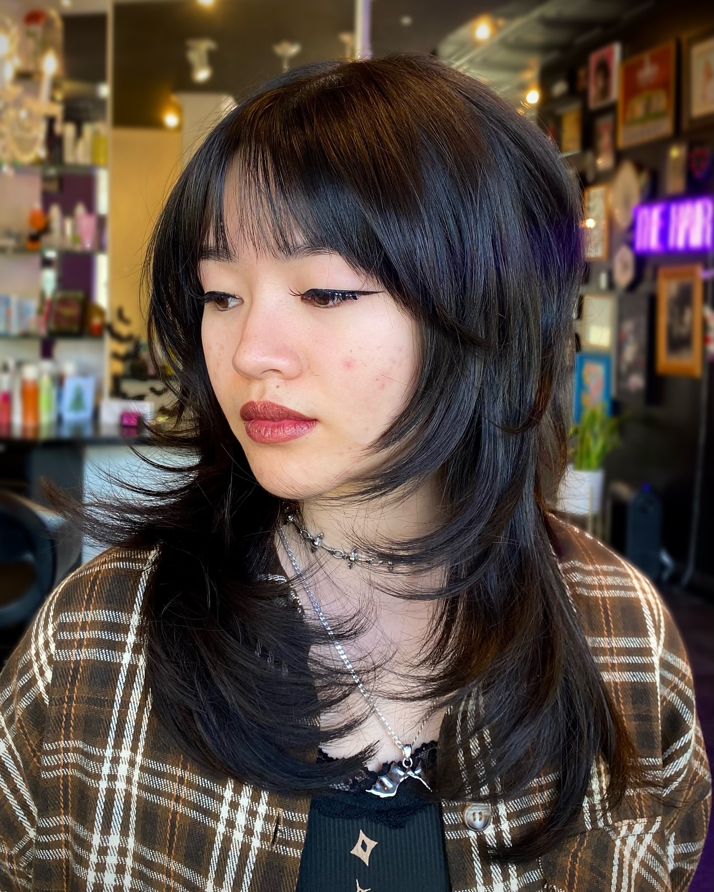 Textured Mid-Length Feathered Shag with Wispy Micro Bangs