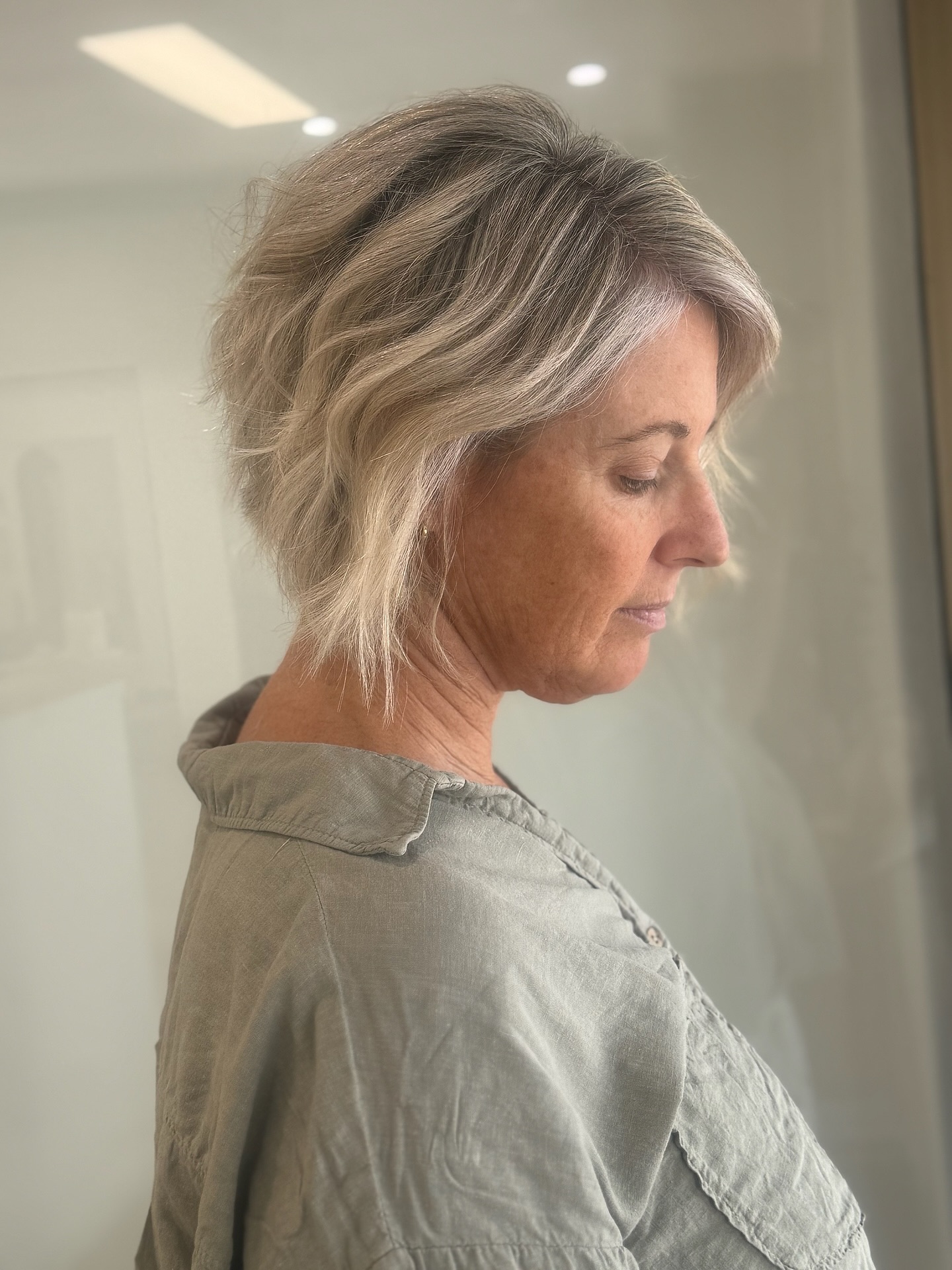 Textured Stacked Silver Bob with Soft Face-Framing Layers
