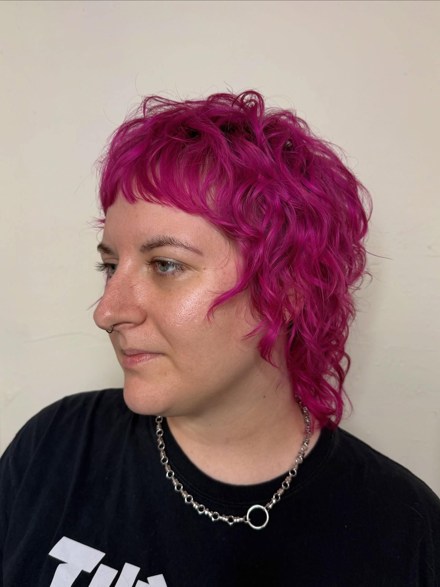 Vivid Fuchsia Curly Mullet with Cropped Fringe
