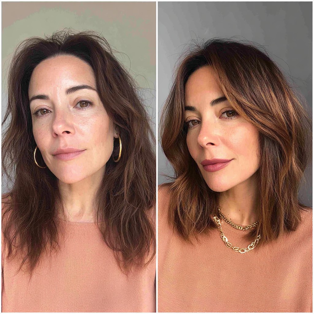 Warm Chestnut Shoulder-Grazing Lob with Soft Face-Framing Layers