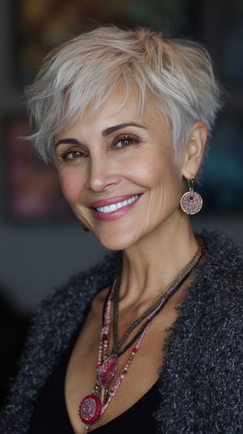 Wispy Silver Pixie with Piecey Fringe and Short Tapered Sides