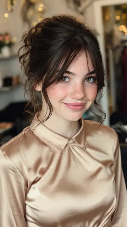 Chic Textured Updo with Face-Framing Bangs