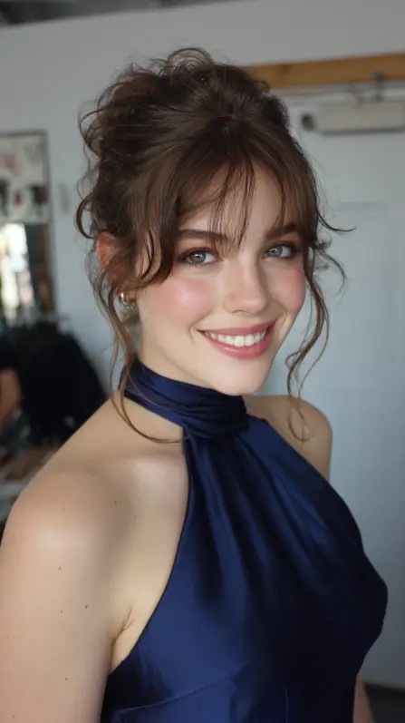 Elegant Textured Updo with Soft Face-Framing Bangs