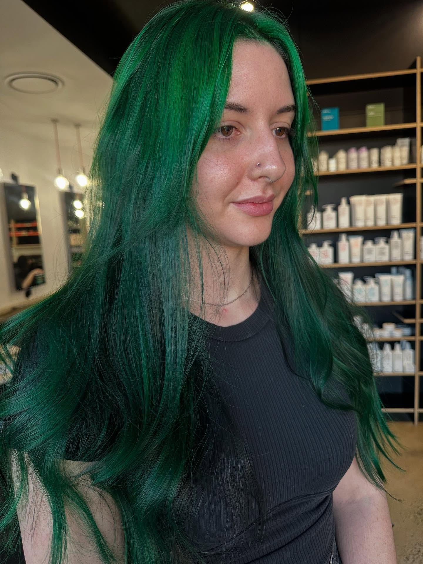 Bold Emerald Long Hair with Soft Waves