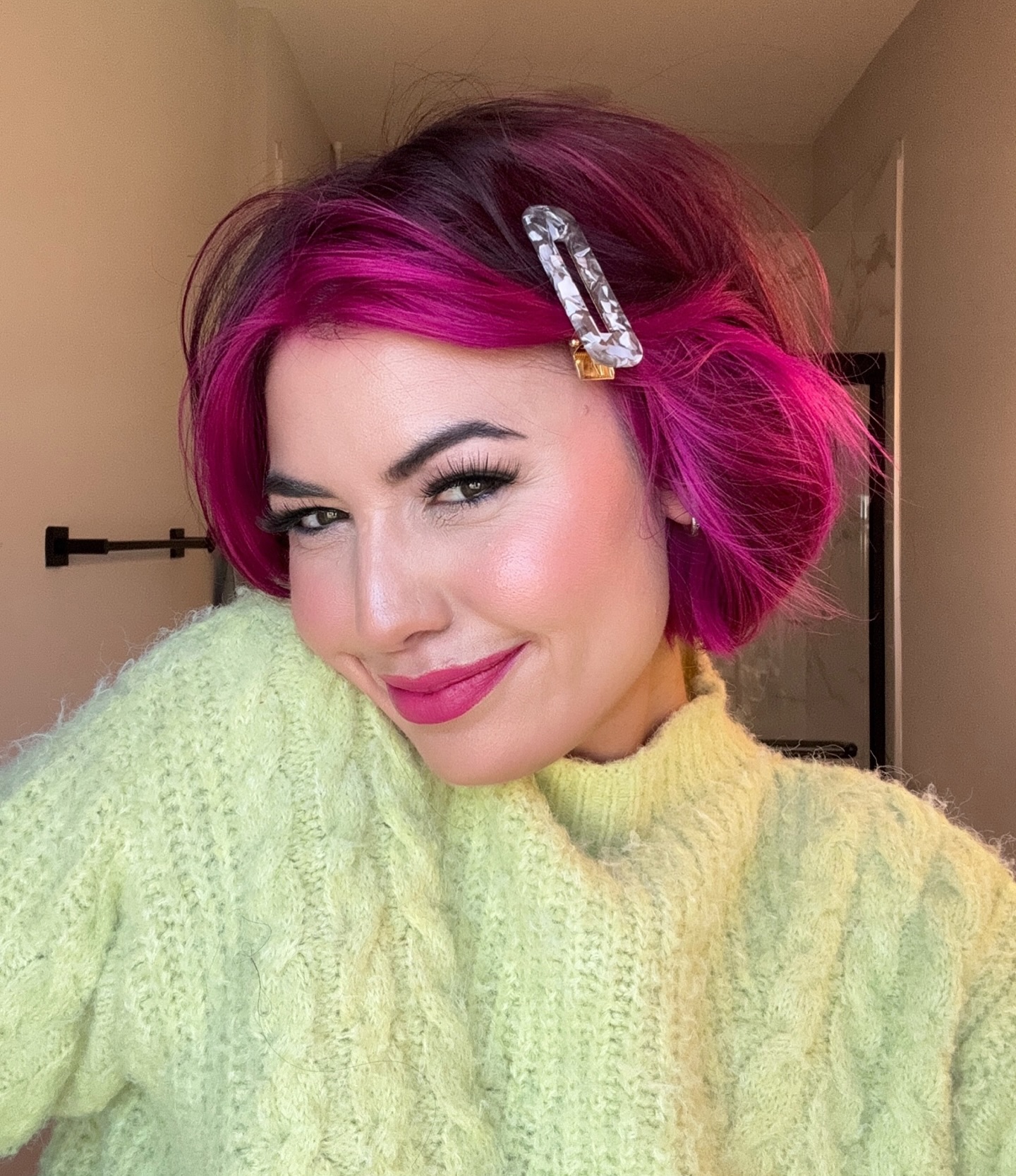 Vibrant Pink Textured Bob with Accent Clip