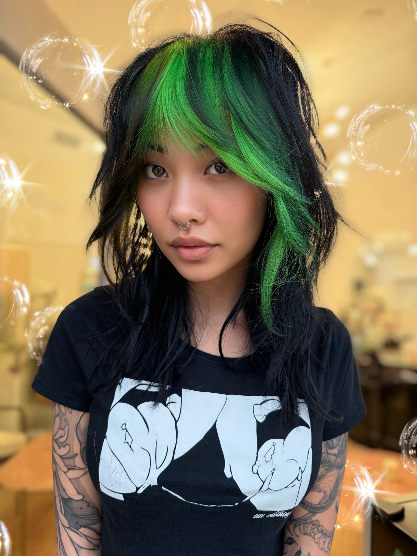 Chic Layered Shag with Vibrant Green Highlights