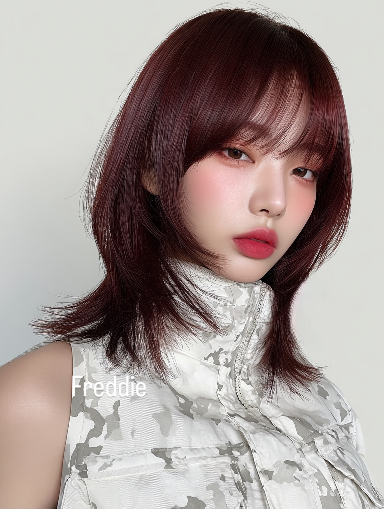Modern Burgundy Shoulder-Length Cut with Soft Bangs