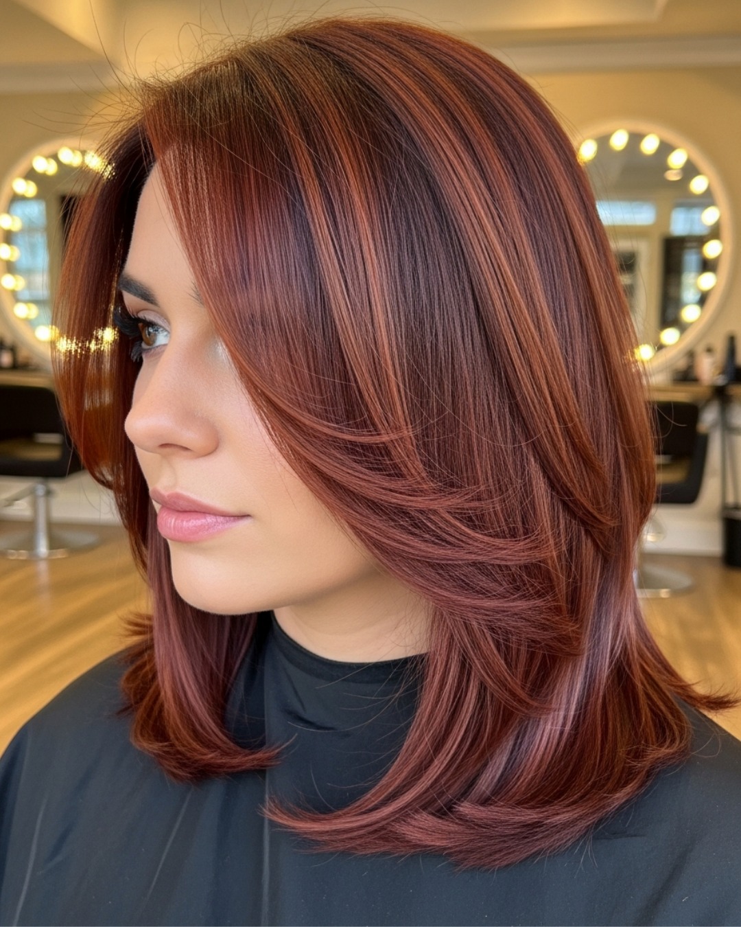 Warm Auburn Layered Haircut with Face-Framing Bangs