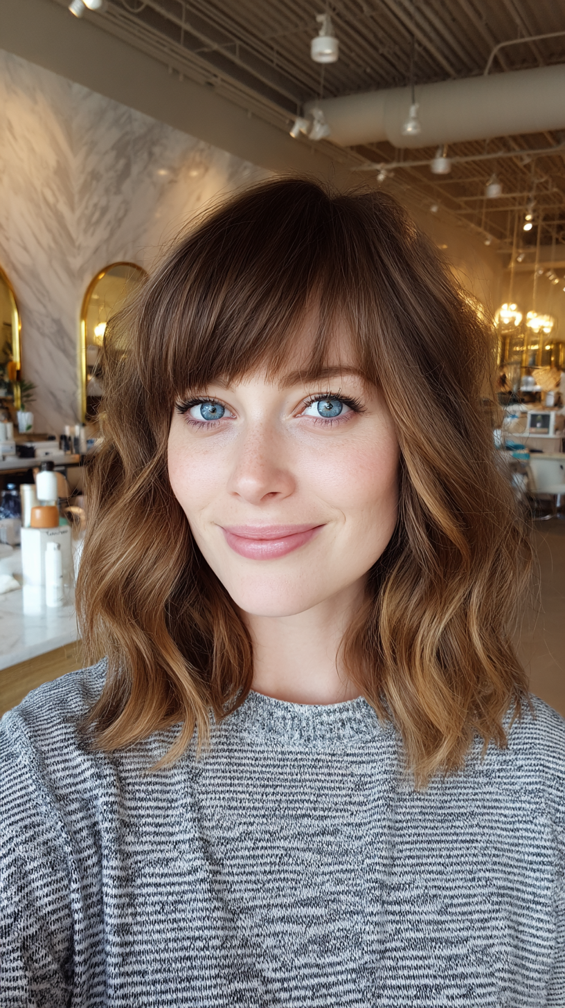 Dynamic Wavy Lob with Bold Bangs