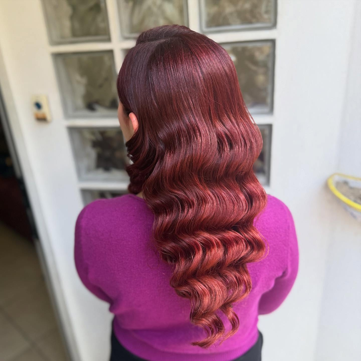 Elegant Deep Burgundy Waves with Glossy Finish