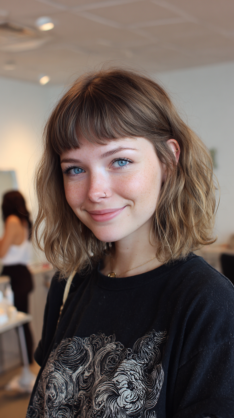 Textured Wavy Lob with Soft Bangs
