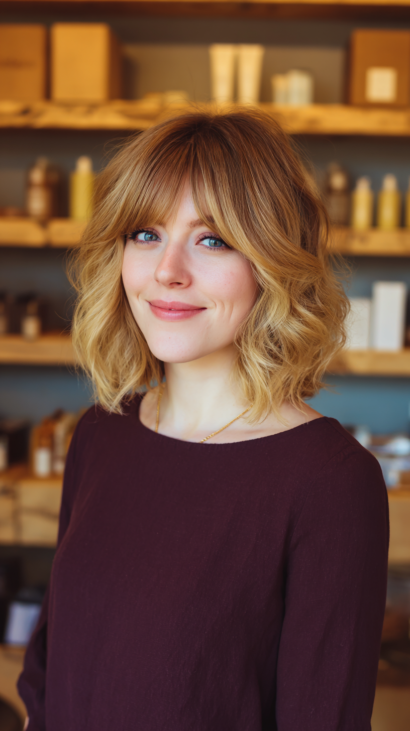 Textured Wavy Lob with Soft Curtain Bangs