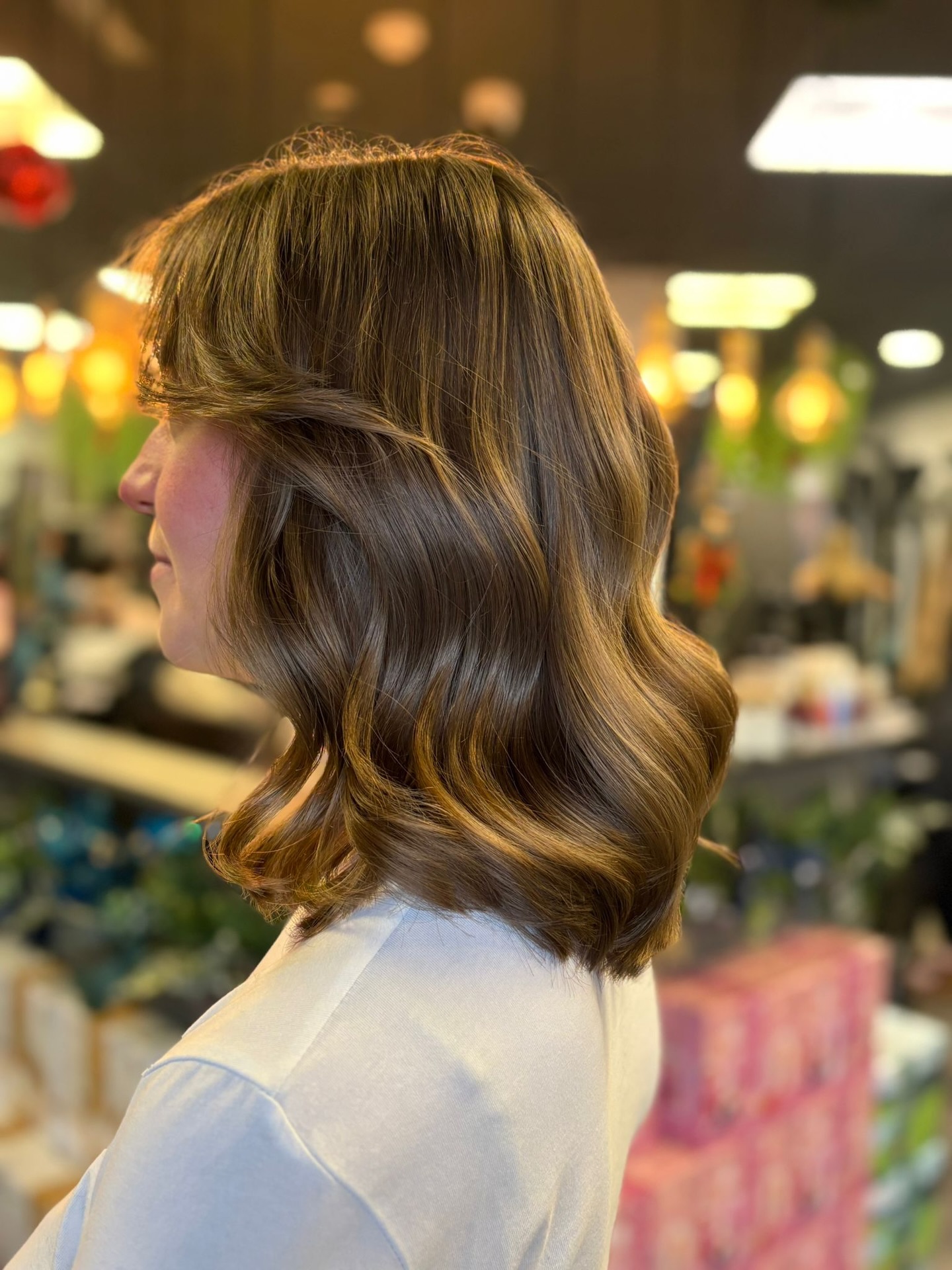 Warm Chestnut Layered Lob with Subtle Waves