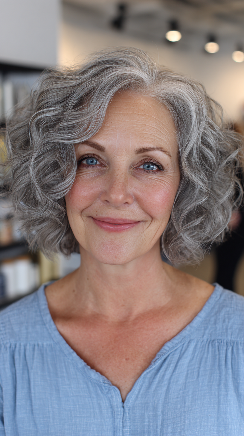 Chic Curly Silver Bob with Soft Volume