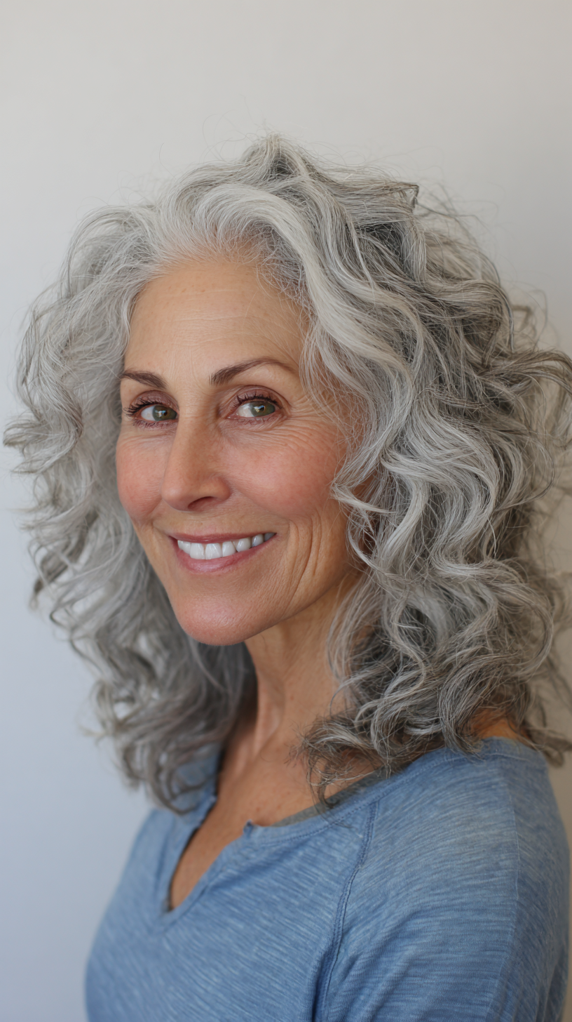 Elegant Curly Silver Lob with Soft Layers