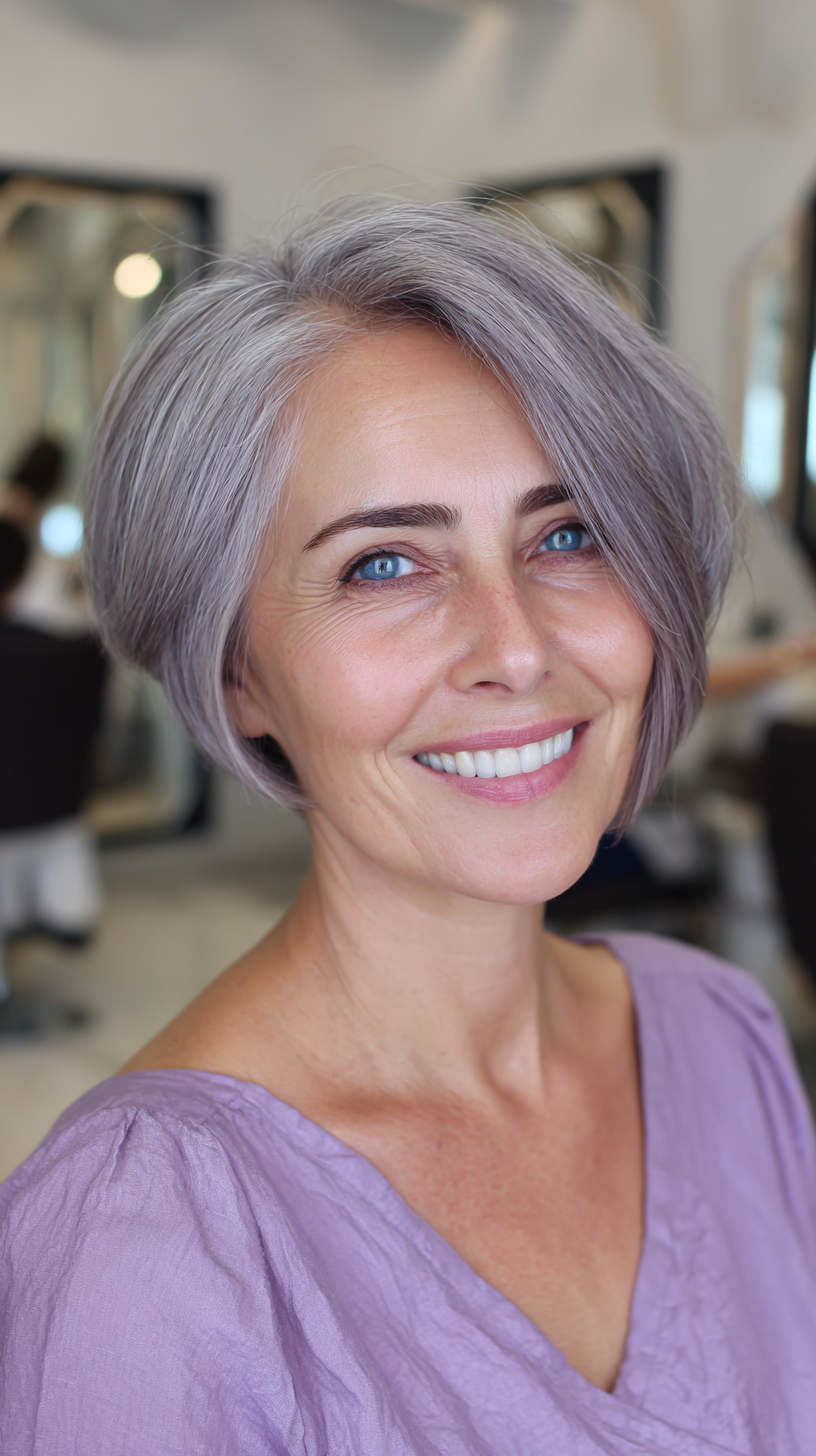 Modern Asymmetrical Silver Bob with Soft Textures