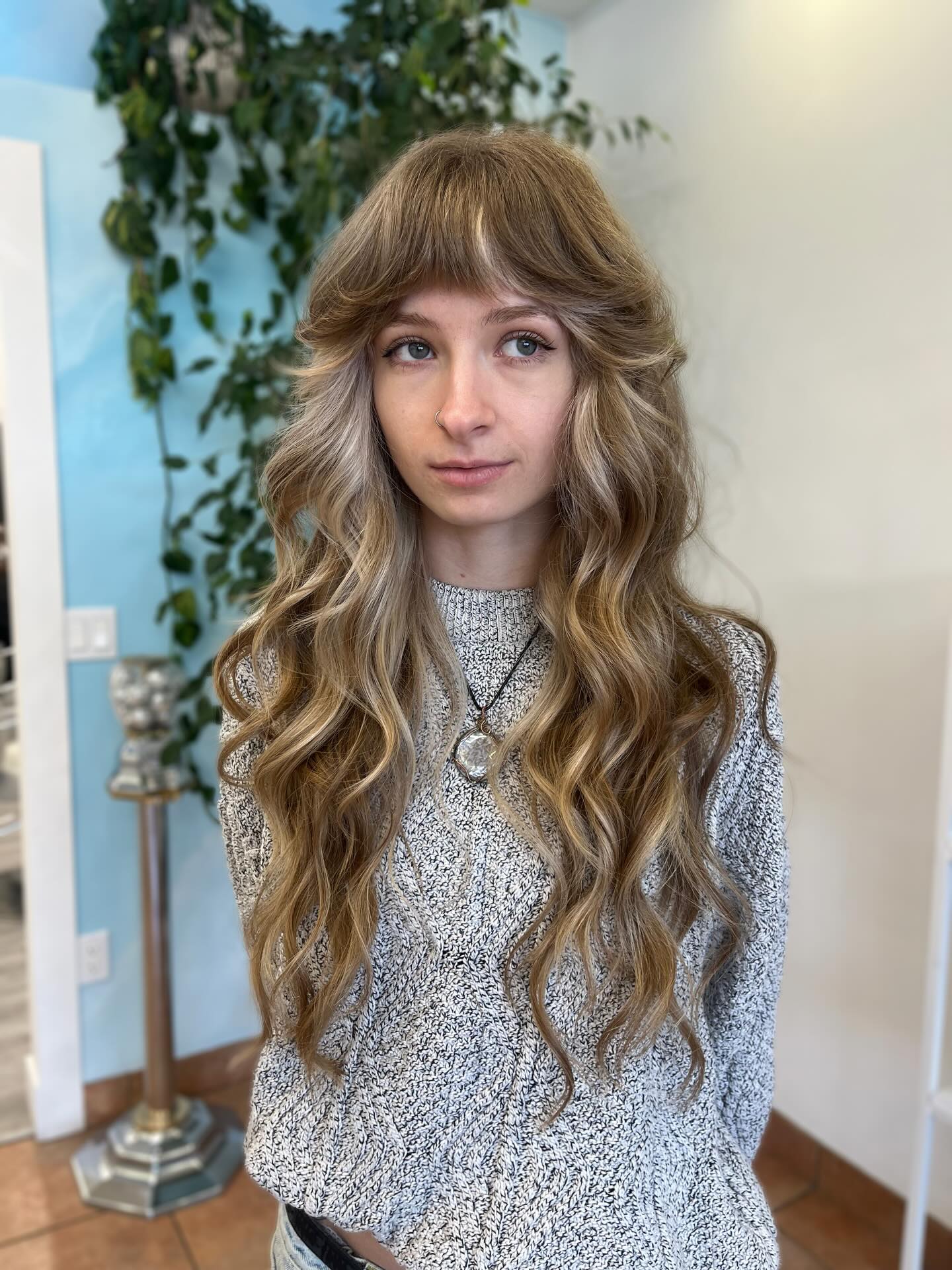 Textured Long Waves with Soft Bangs