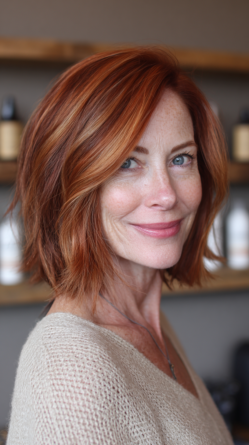 Warm Copper Layered Bob with Subtle Highlights