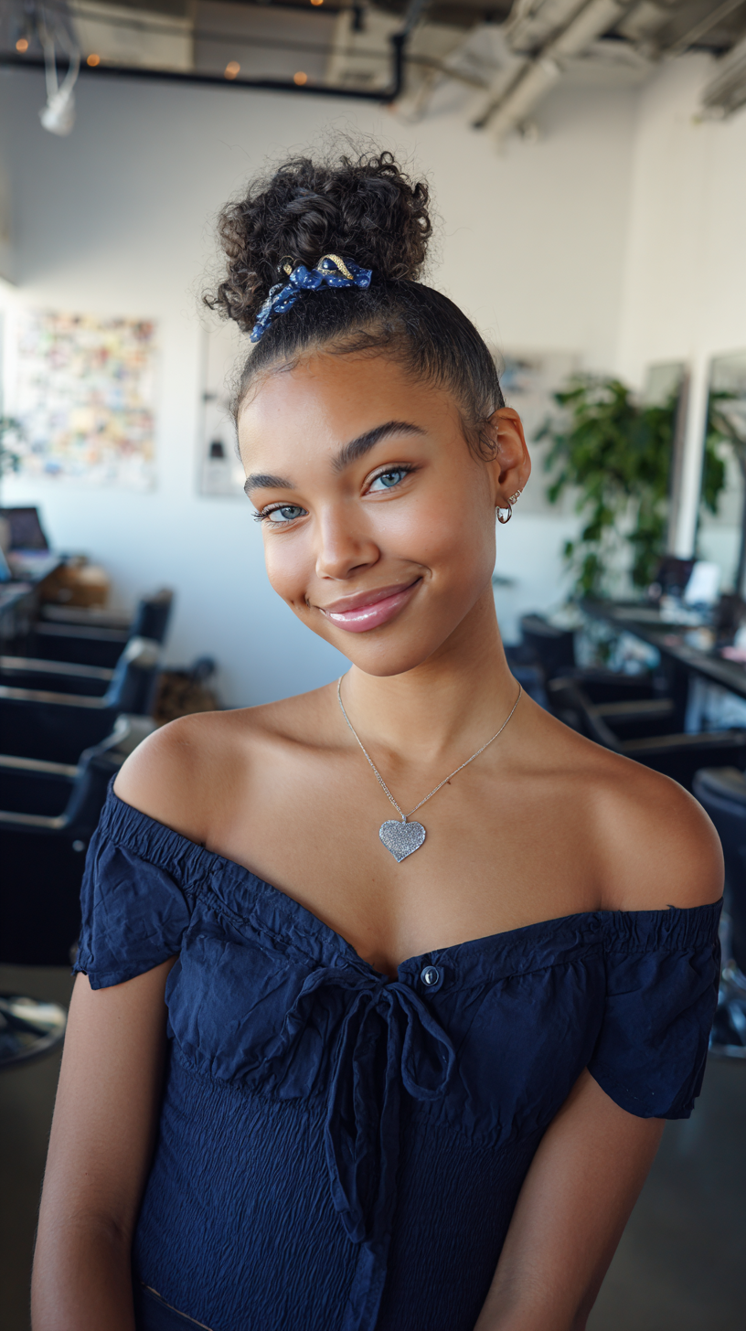 Chic High Curly Bun with Decorative Scrunchie