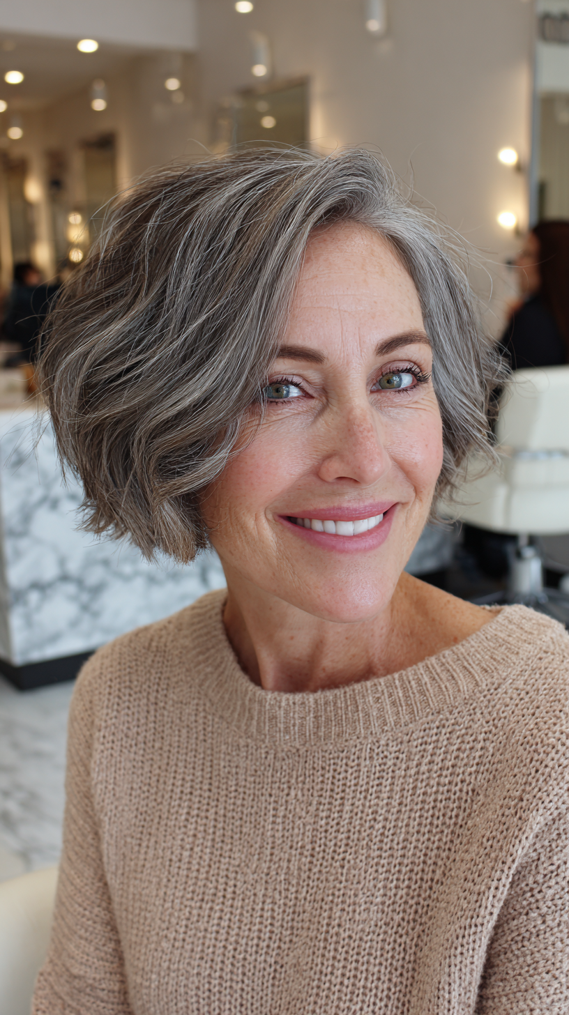 Modern Textured Gray Bob with Soft Waves