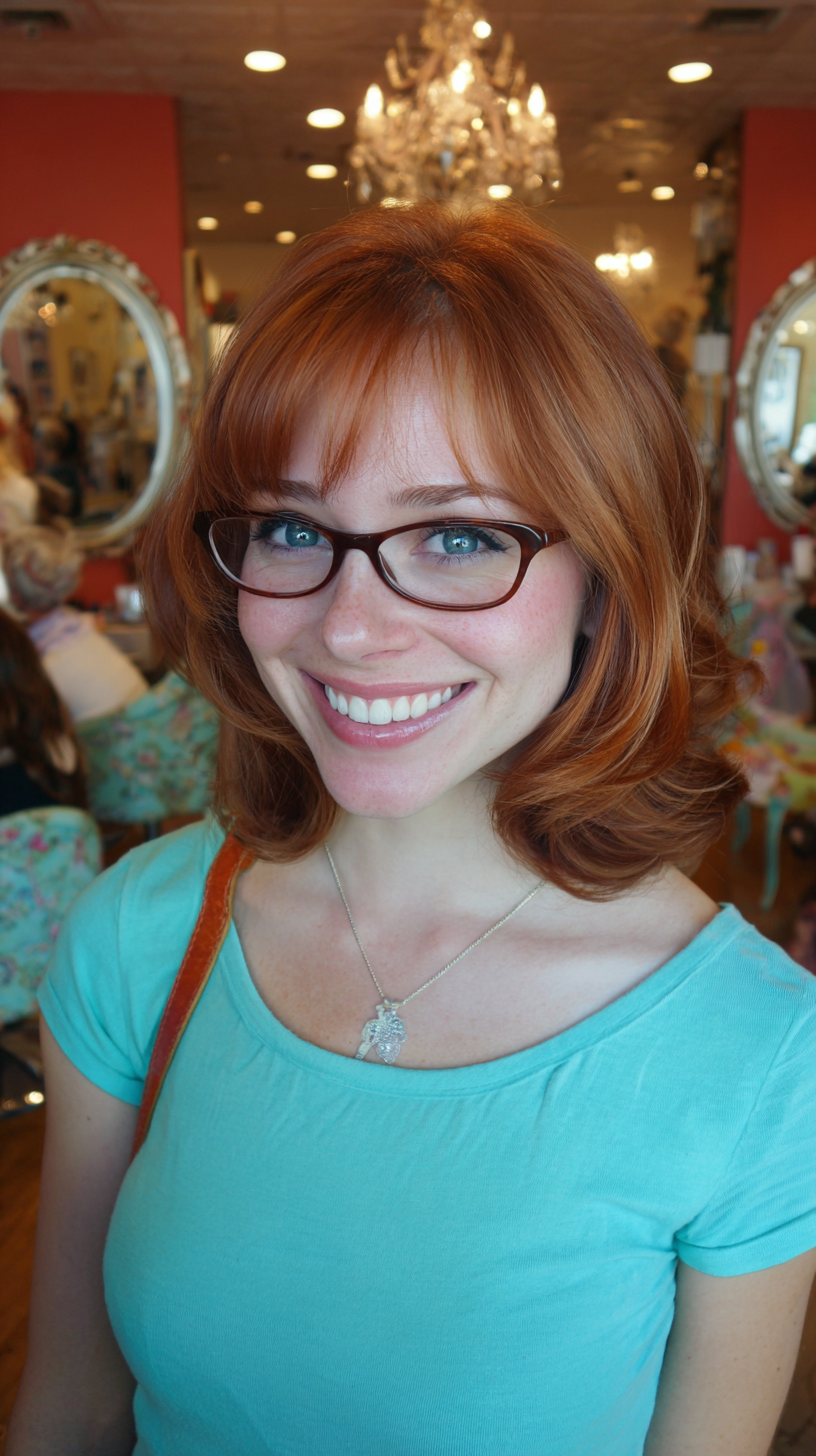 Charming Copper Bob with Soft Waves and Glasses