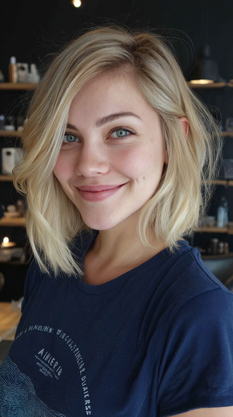 Chic Angled Blonde Bob with Dark Roots