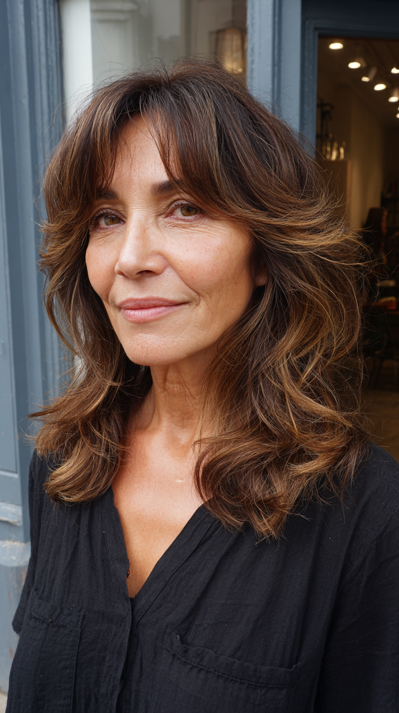 Chic Layered Boho Shag with Soft Highlights for Women Over 60