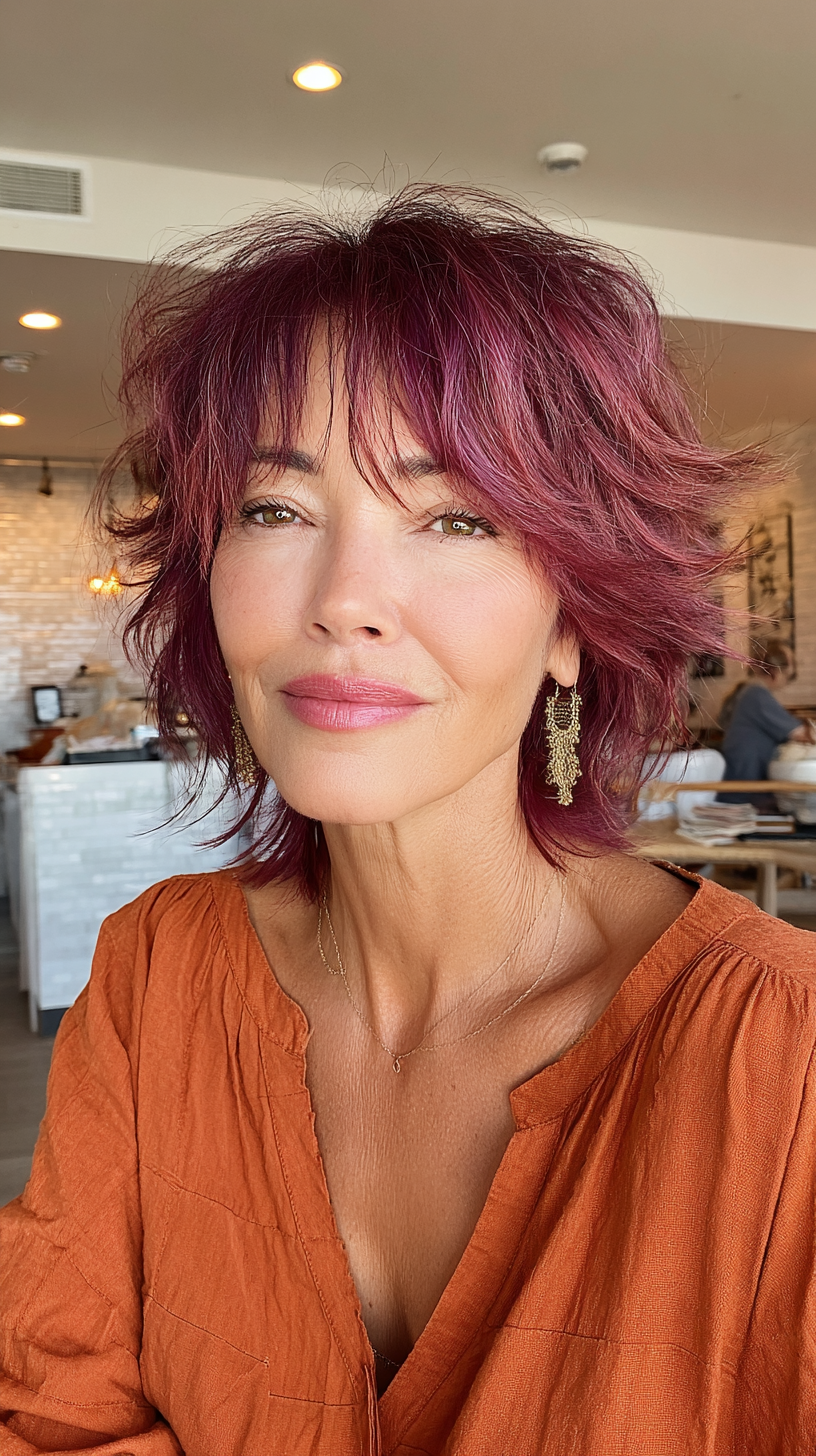 Chic Layered Shag with Vibrant Plum Highlights
