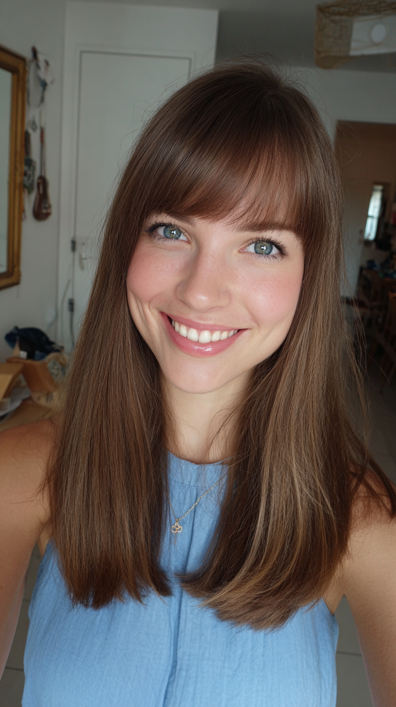 Chic Long Cut with Soft Blunt Bangs
