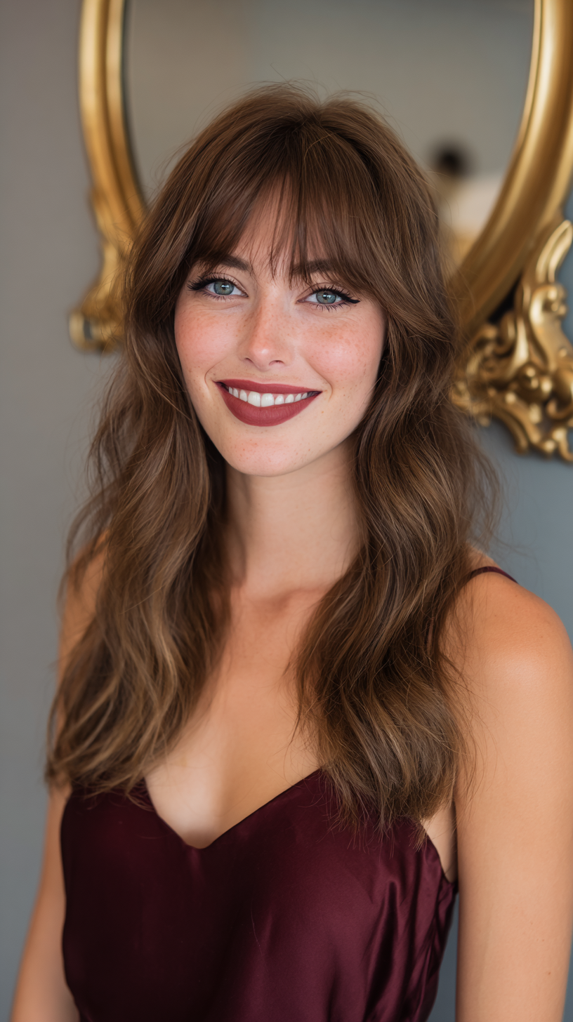 Chic Long Wavy Hair with Soft Curtain Bangs
