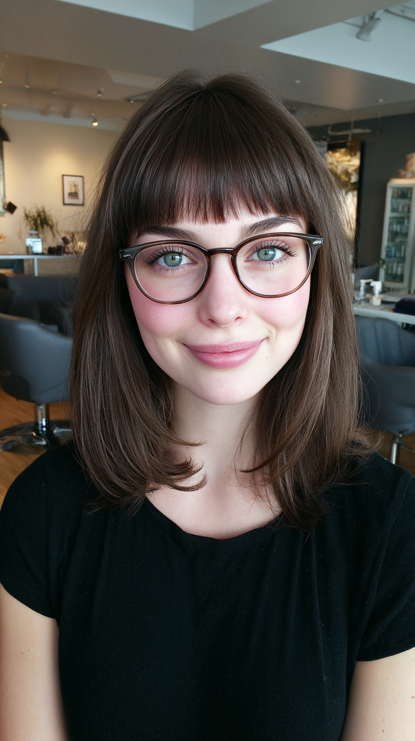 Chic Medium-Length Cut with Soft Blunt Bangs and Glasses